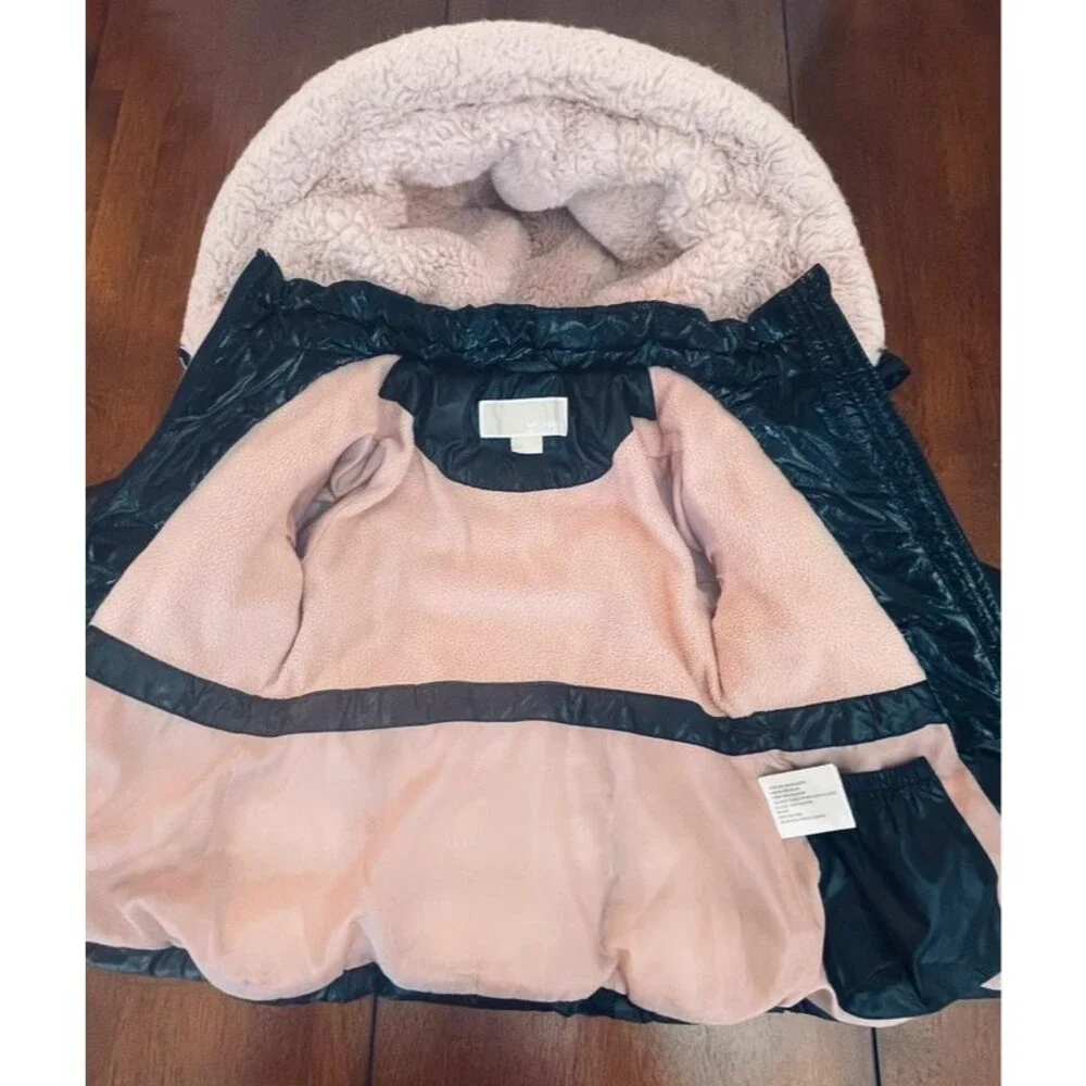 Michael Kors Girls Double Zip Puffer Jacket Black Pink Faux Fur Hood Sz 2T